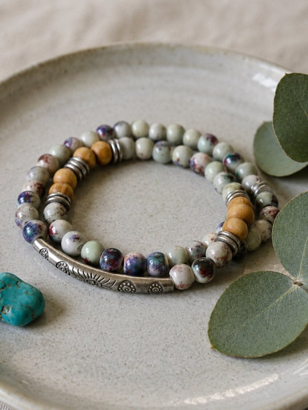 Beaded Stretch Wrap Bracelet Sage Green Tan Wood Silver Tube Boho Stackable 14"
